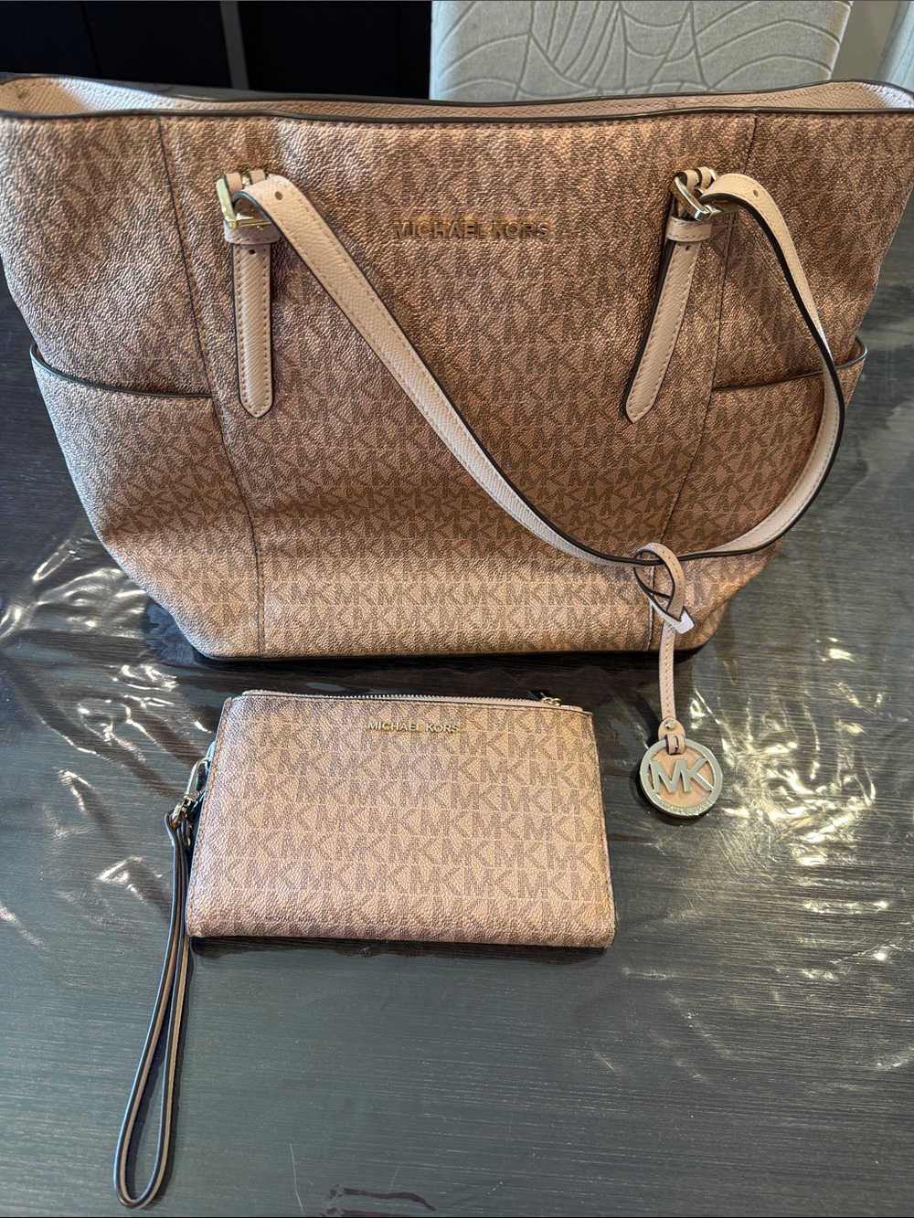 Michael Kors rose gold Beige Signature MK Tote with Wristlet